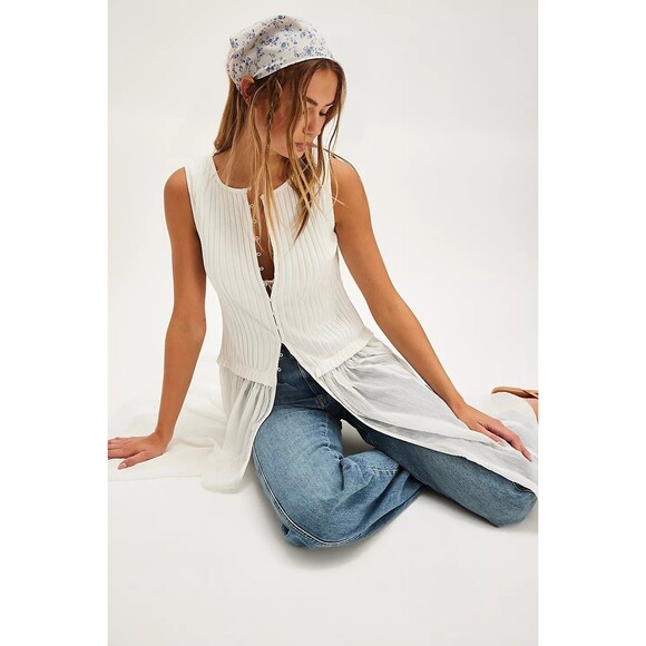 Free People Twice As Nice Maxi Tunic Top Ribbed Buttondown Tank White M 280924 - Picture 3 of 9